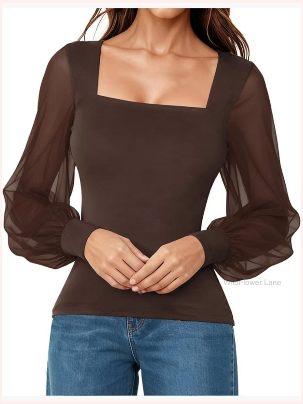 Square Neck Mesh Long Sleeve Top Puff Sleeve Going Out Business Casual Blouse